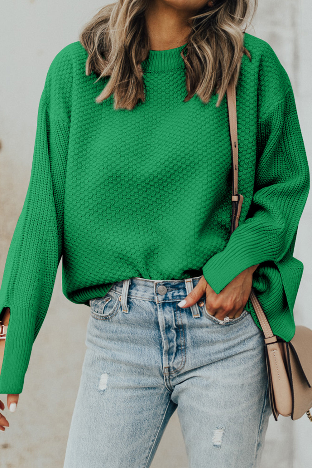 Dark Green Textured Knit Drop Shoulder Sweater