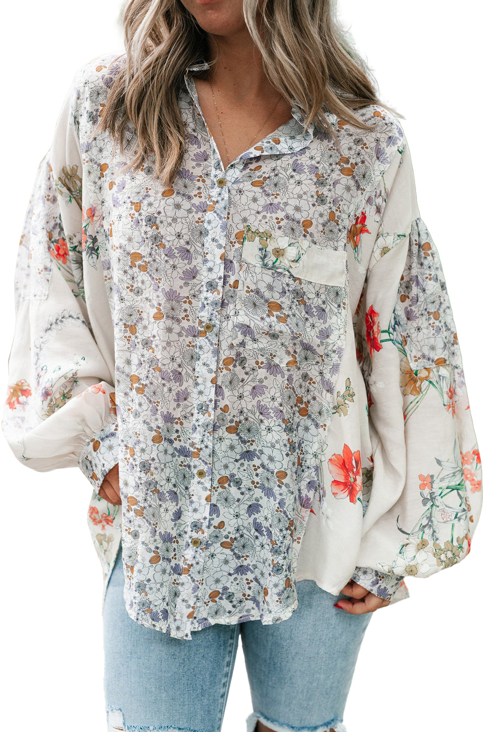 Purple Boho Floral Bishop Sleeve Button Up Loose Shirt