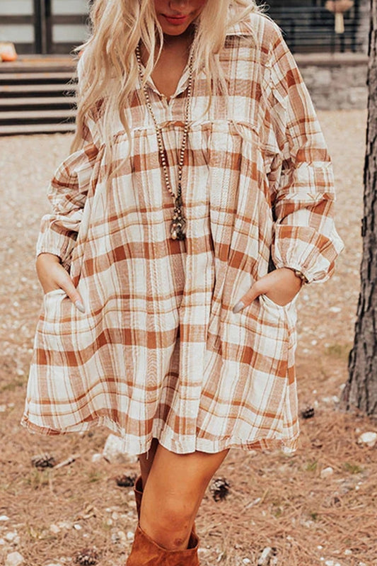 Brown Plaid Print Side Pockets Frill Babydoll Mini Dress