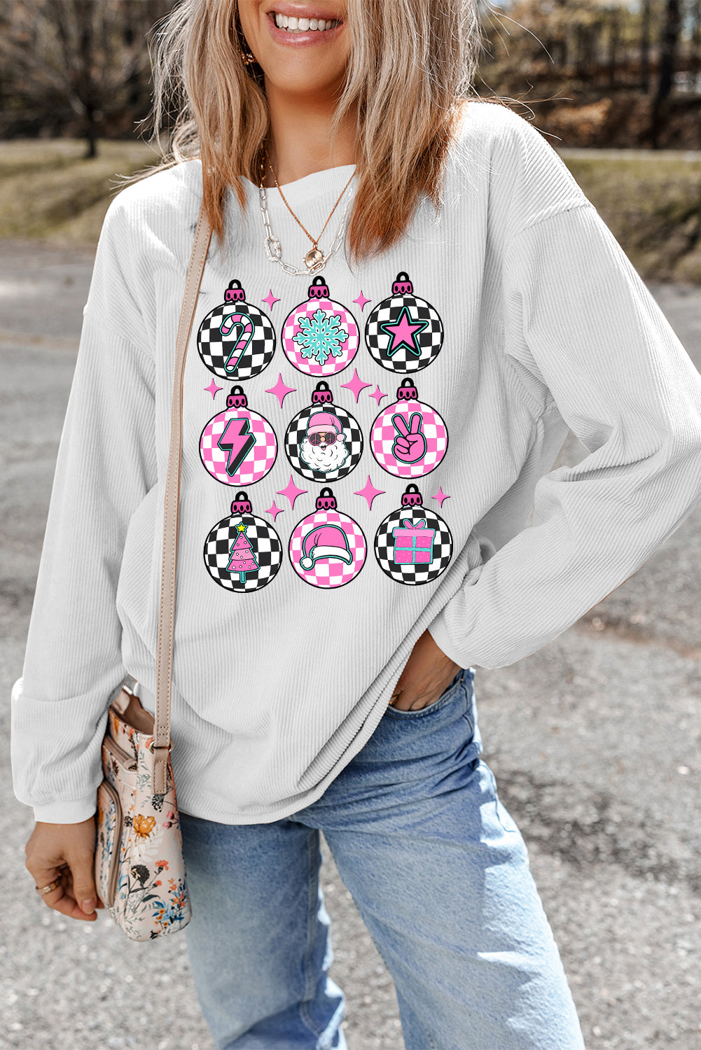 White Christmas Pattern Checkered Print Ribbed Pullover Sweatshirt