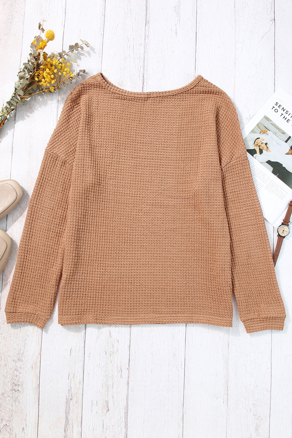 Green Waffle Knit Drop Shoulder Long Sleeve Top