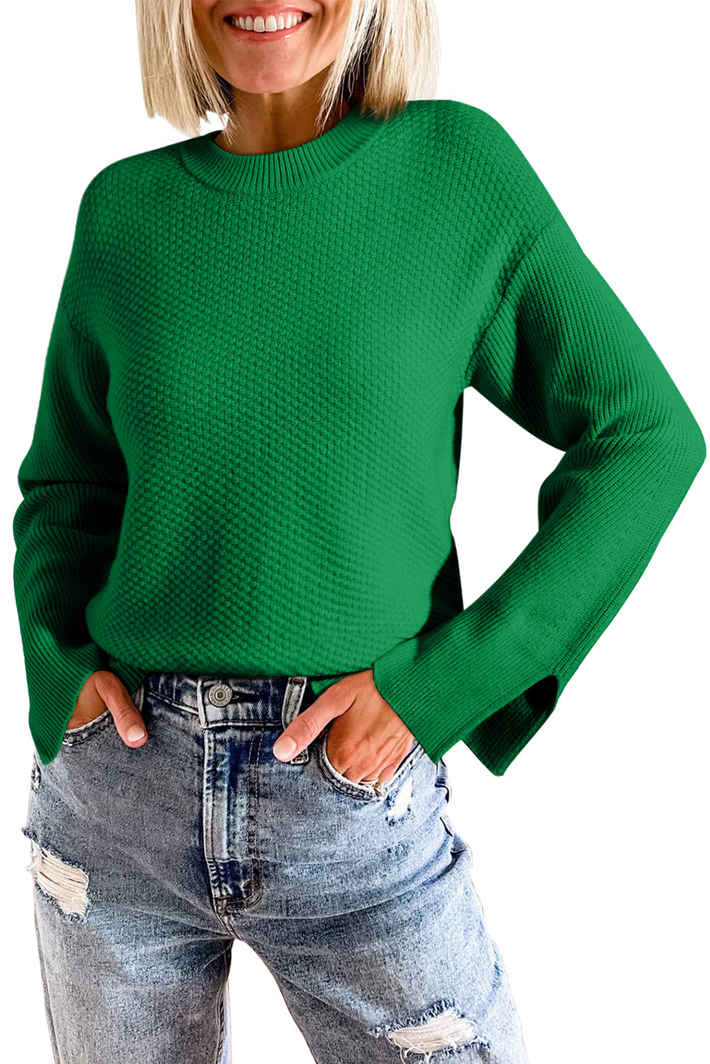 Dark Green Textured Knit Drop Shoulder Sweater