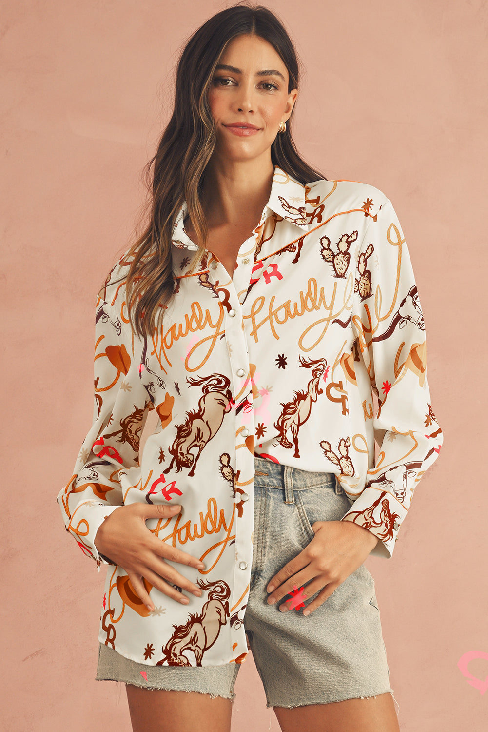 Beige Howdy Animal Pattern Button Up Shirt