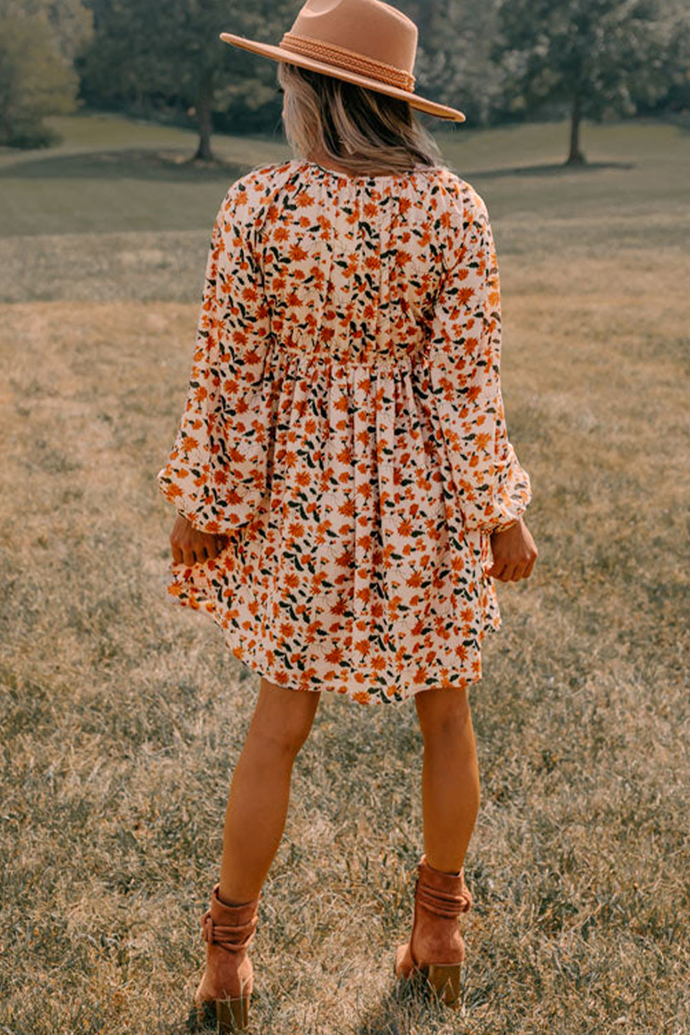 Beige Floral Bubble Babydoll Dress