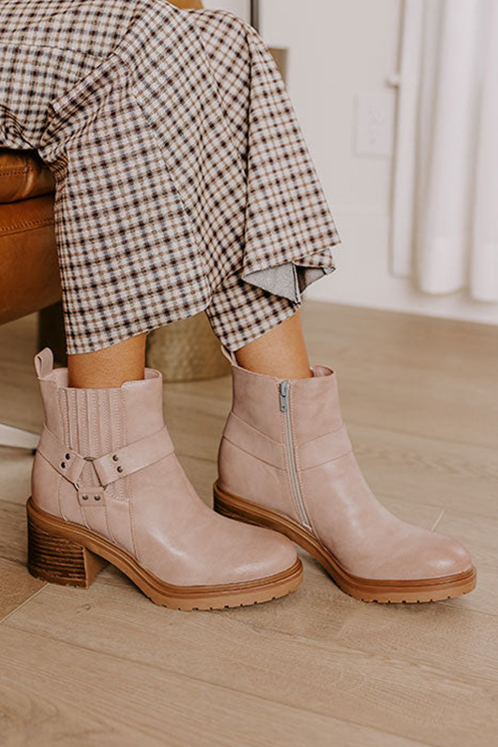 Beige Ring Linked Zipper Chunky Heel Ankle Boots