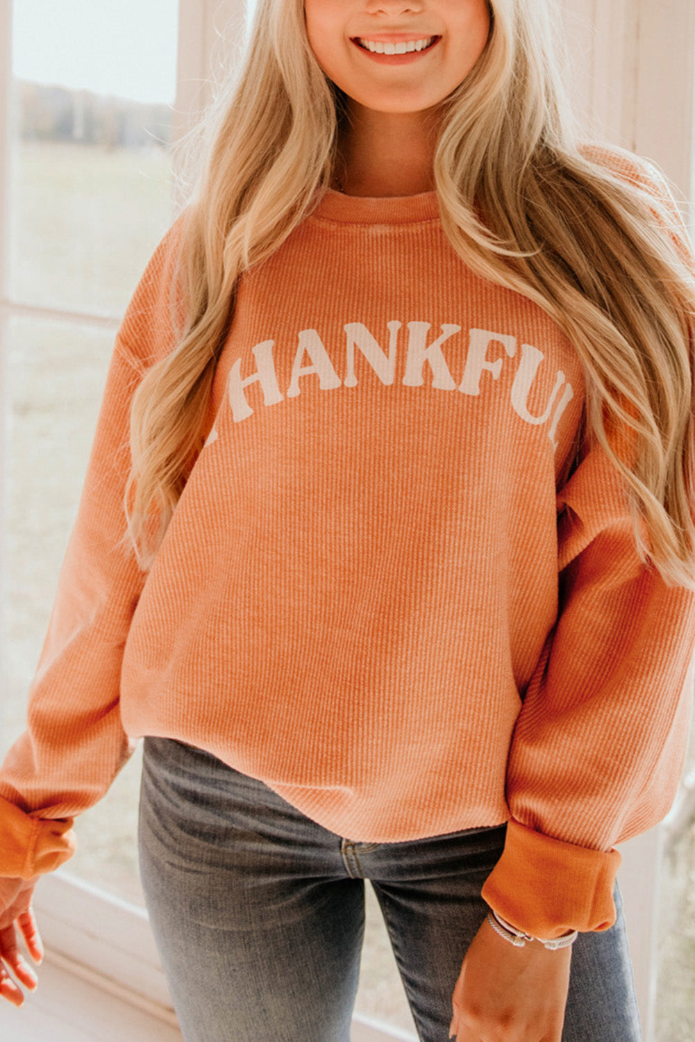 Orange-3 THANKFUL Letter Graphic Corded Sweatshirt