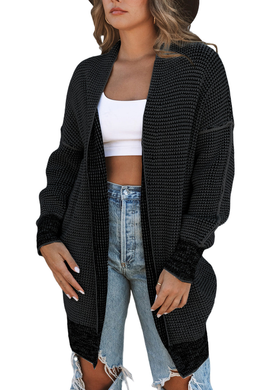 Grey Plaid Contrast Trim Casual Knit Cardigan