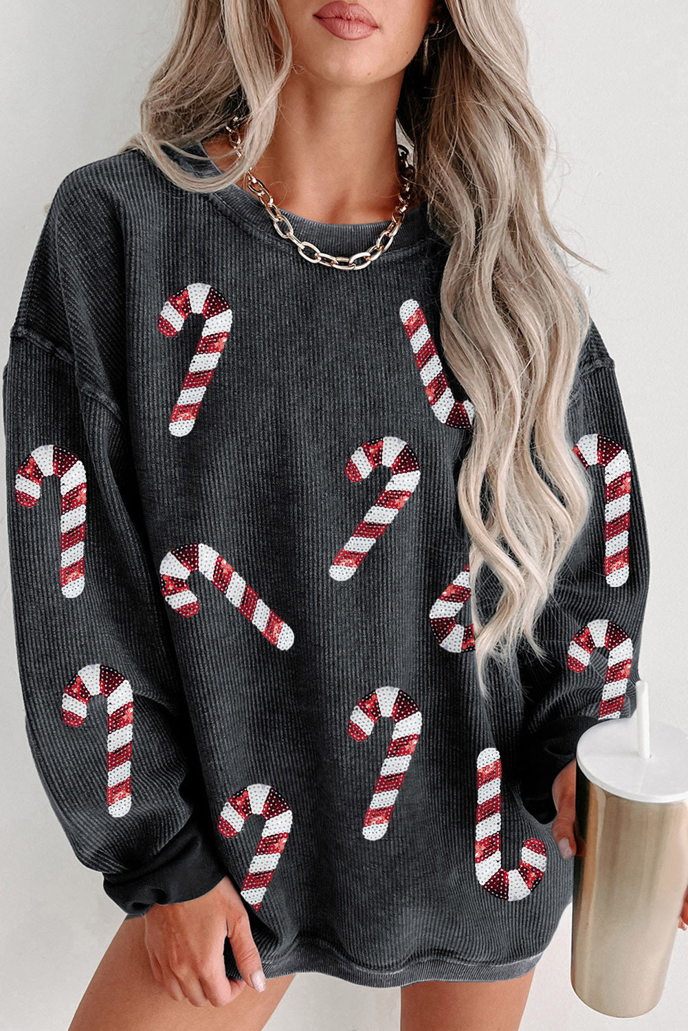 Khaki Xmas Candy Cane Shining Graphic Corded Sweatshirt