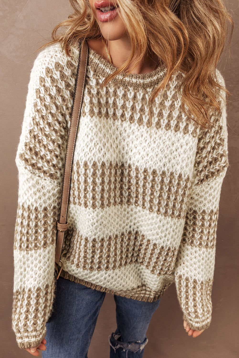 Brown Cable Knit Drop Shoulder Round Neck Sweater