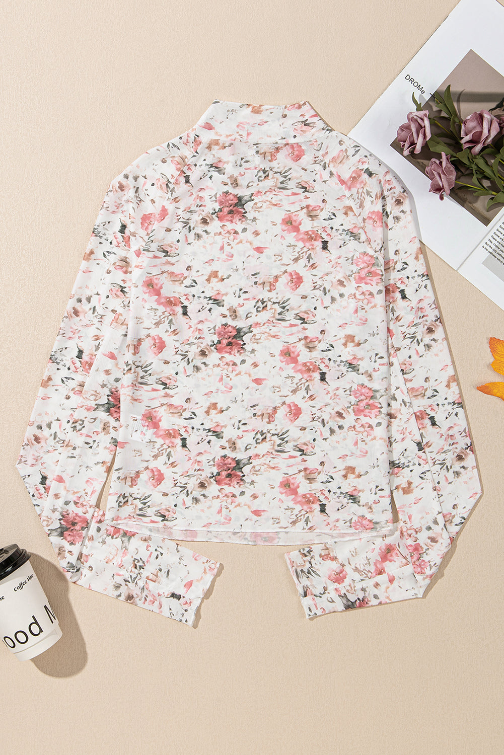 Floral Print Mesh Mock Neck Top