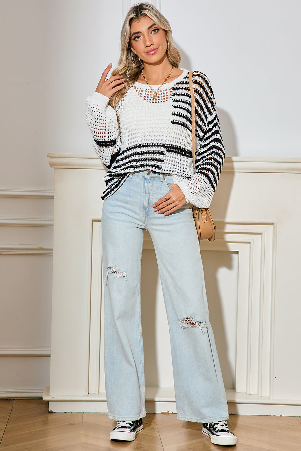 White Striped Lantern Sleeve Hollow Knitted Sweater