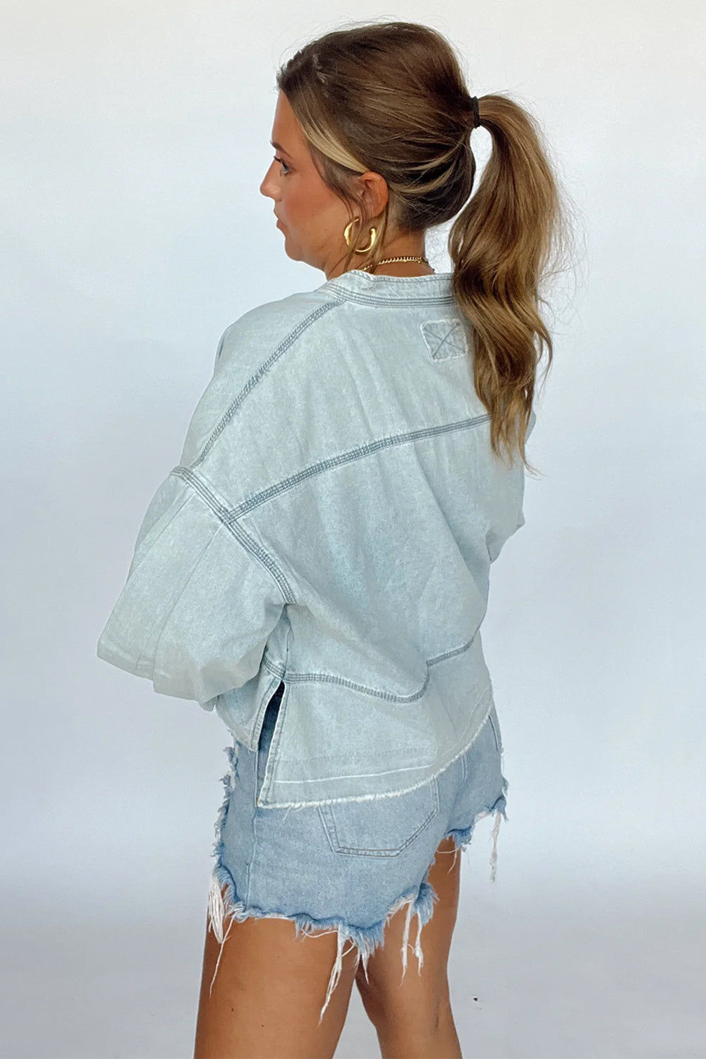 Beau Blue Light Wash Puff Sleeve V Neck Denim Blouse