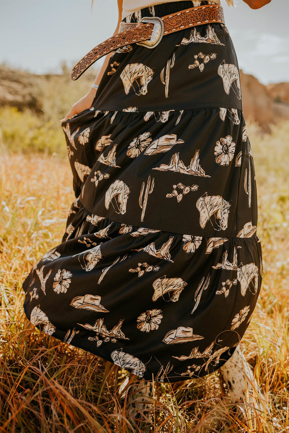 Black Western Print Ruffled High Waist Maxi Skirt