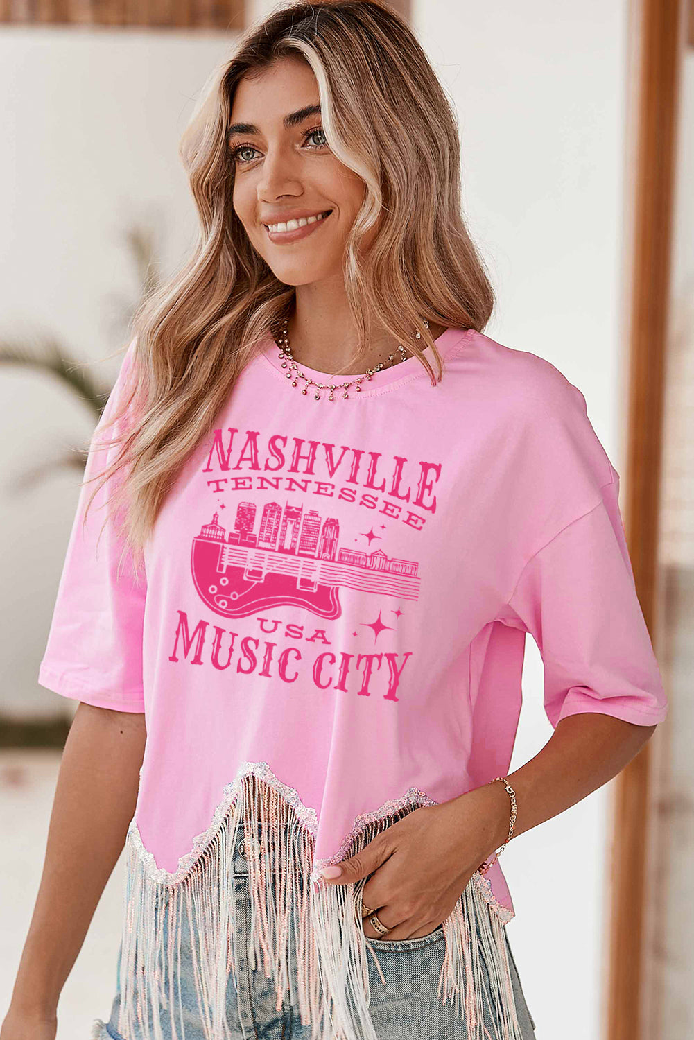 Pink NASHVILLE MUSIC CITY Graphic Sequin Fringed Hem Tee