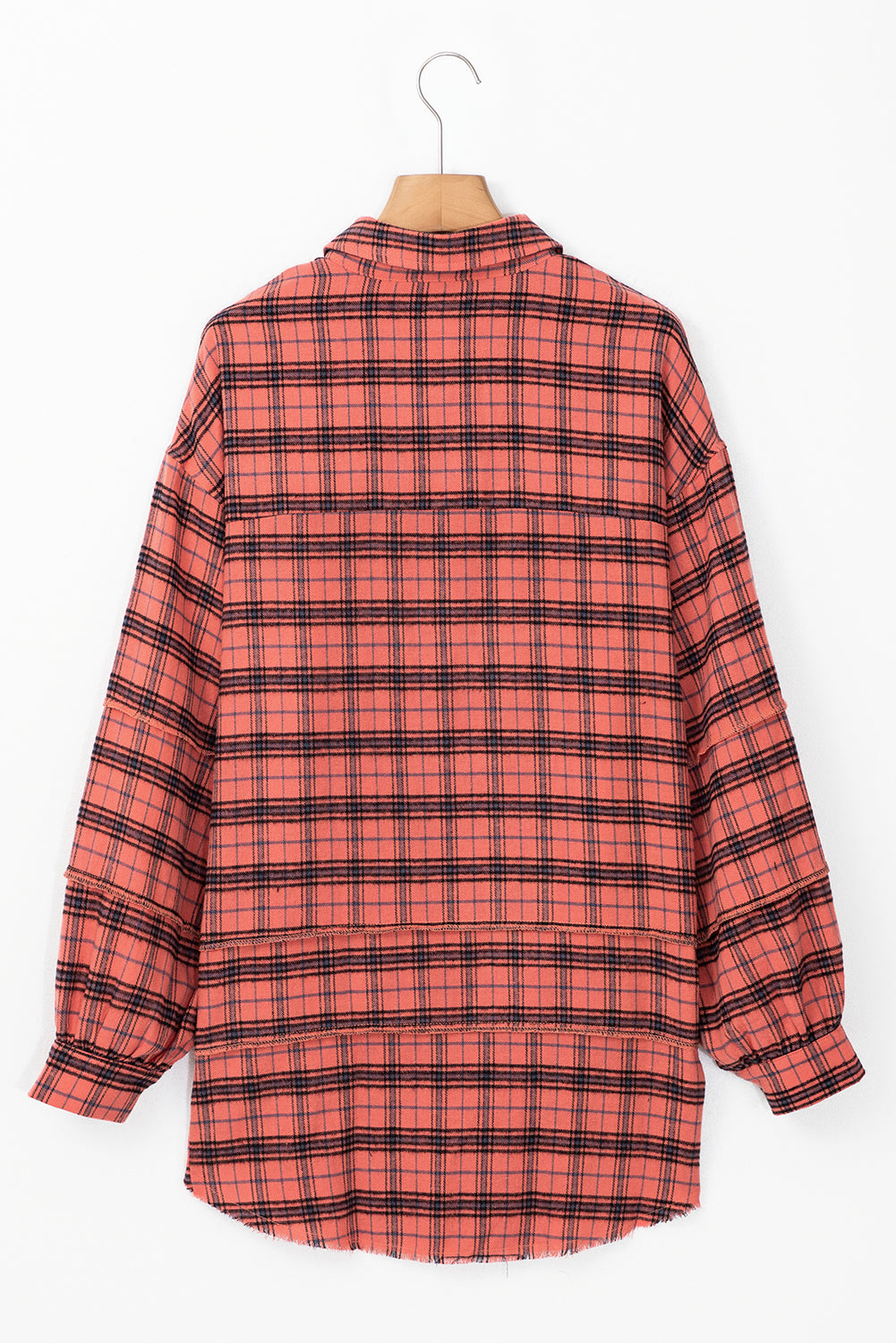 Red Plaid Long Sleeve Distressed Hem Shirt