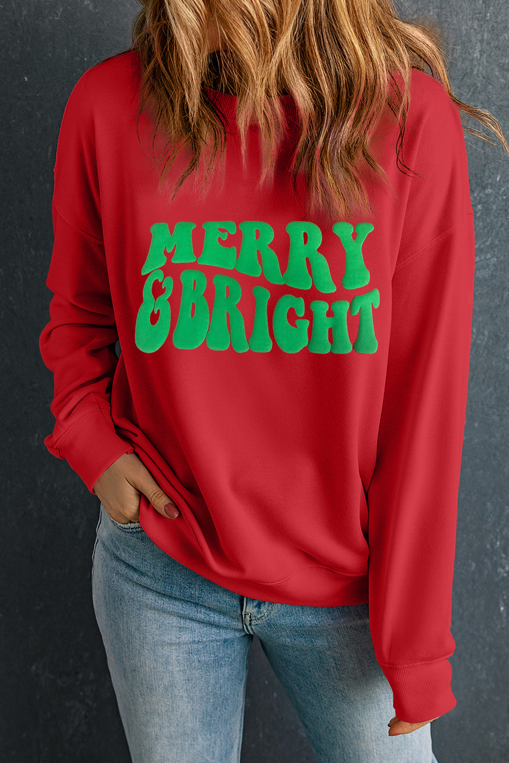 Red MERRY BRIGHT Drop Shoulder Crewneck Sweatshirt