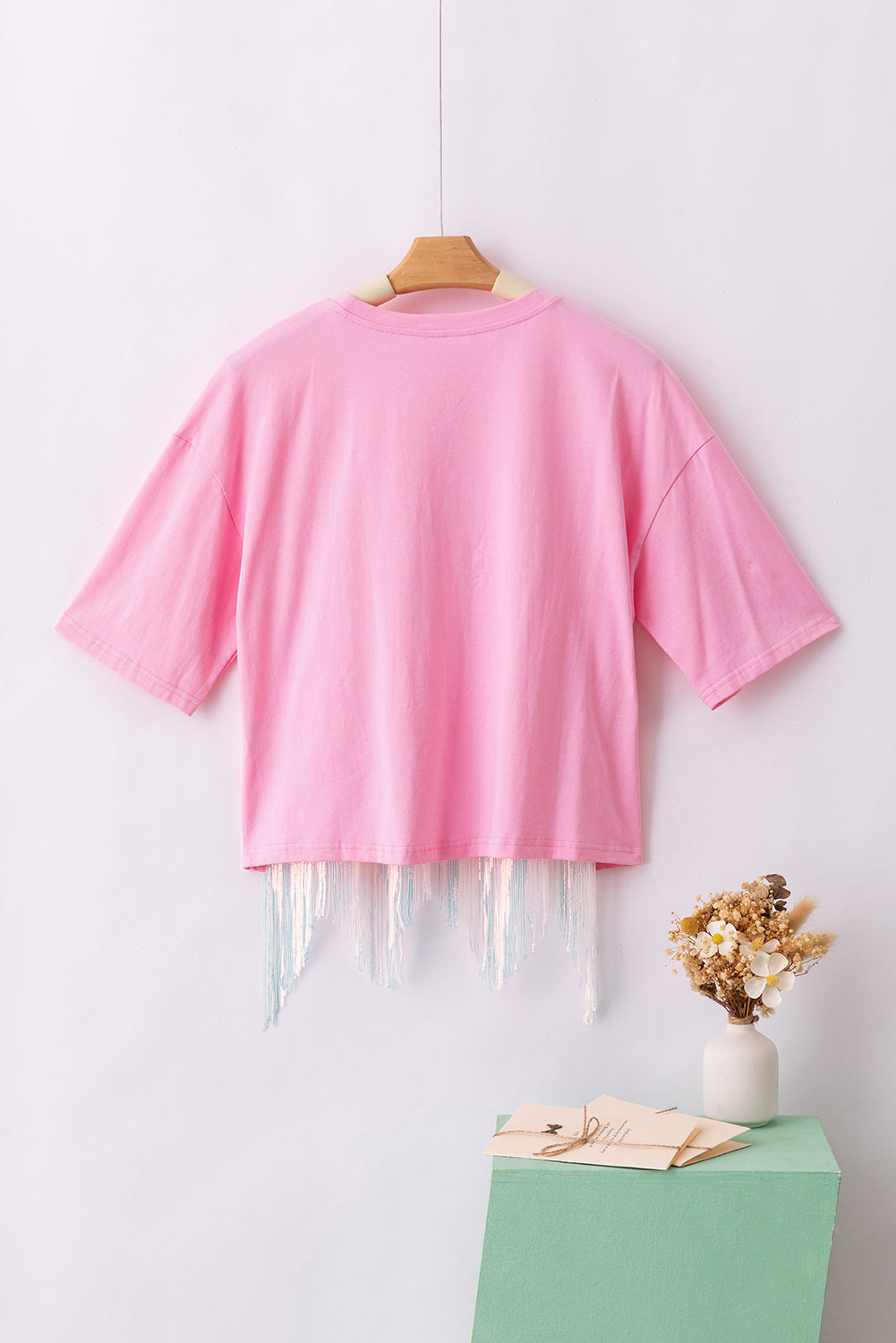 Pink Casual Fringe Sequin Hem Cropped T Shirt