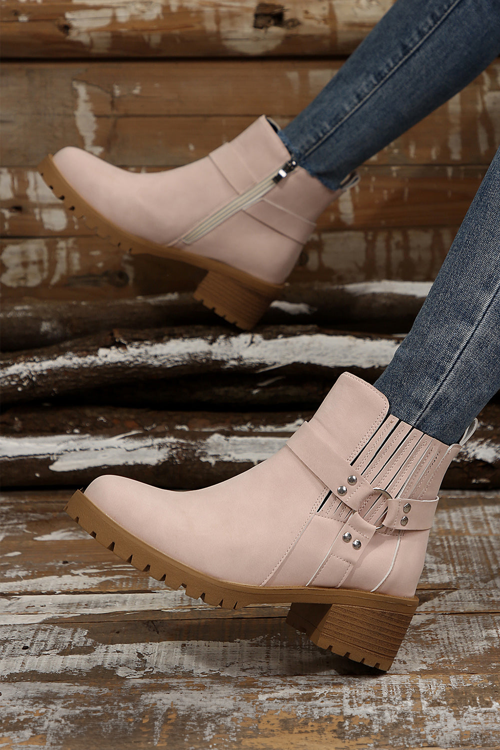 Beige Ring Linked Zipper Chunky Heel Ankle Boots