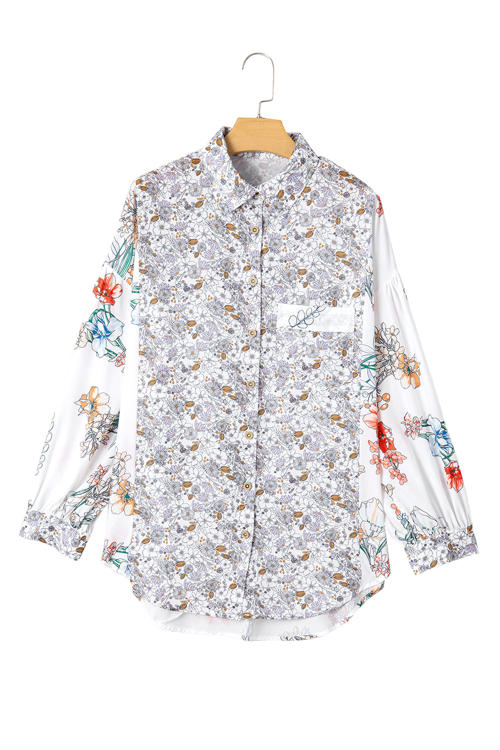 Purple Boho Floral Bishop Sleeve Button Up Loose Shirt